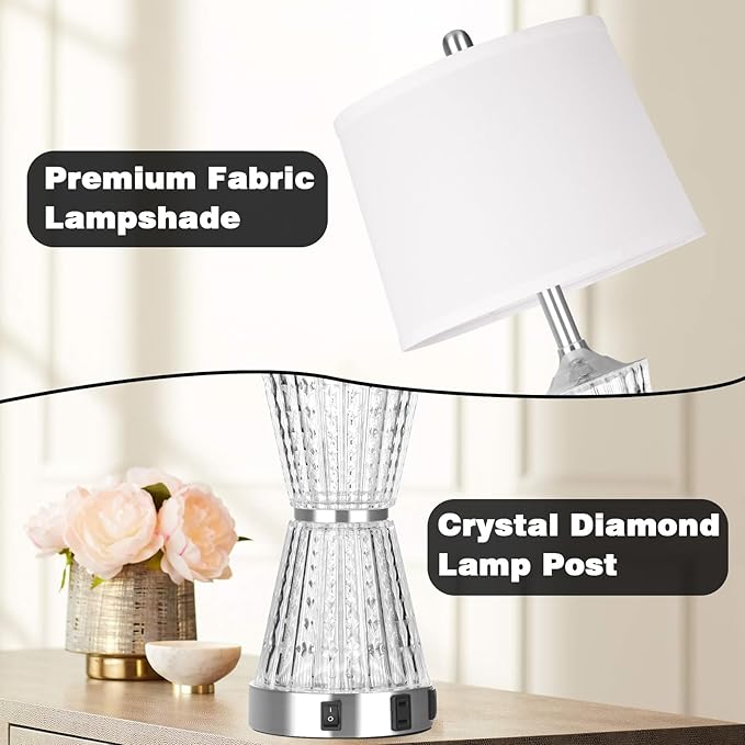 26" Modern Table Lamps, Set of 2 Table Lamp Night Light with 2 USB Charging Ports & AC Outlet, Bedside Nightstand Lamp White Shade for Living Room Bedroom Home Decor Silver(LED Bulbs Included)