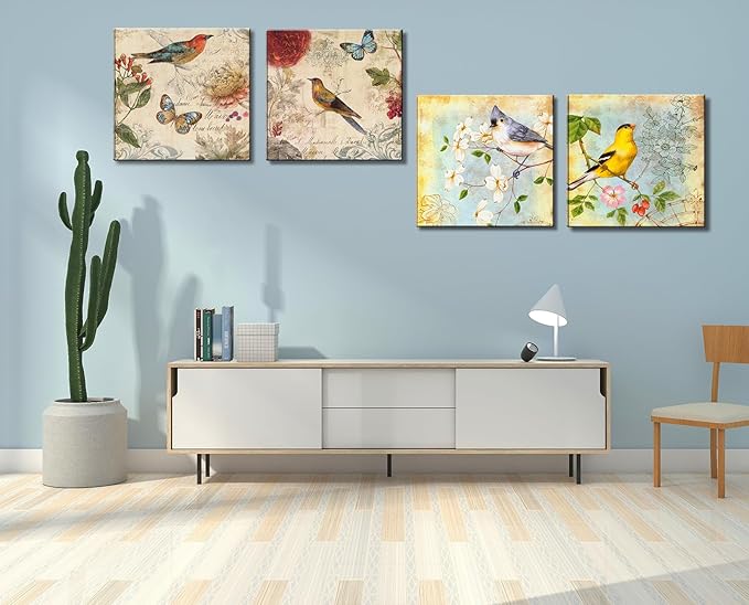 Flowers Birds Canvas Wall Art for Bedroom Floral Wall Decor Butterfly Picture Framed Artwork Vintage Prints Paintings for Bathroom Kitchen Decorations