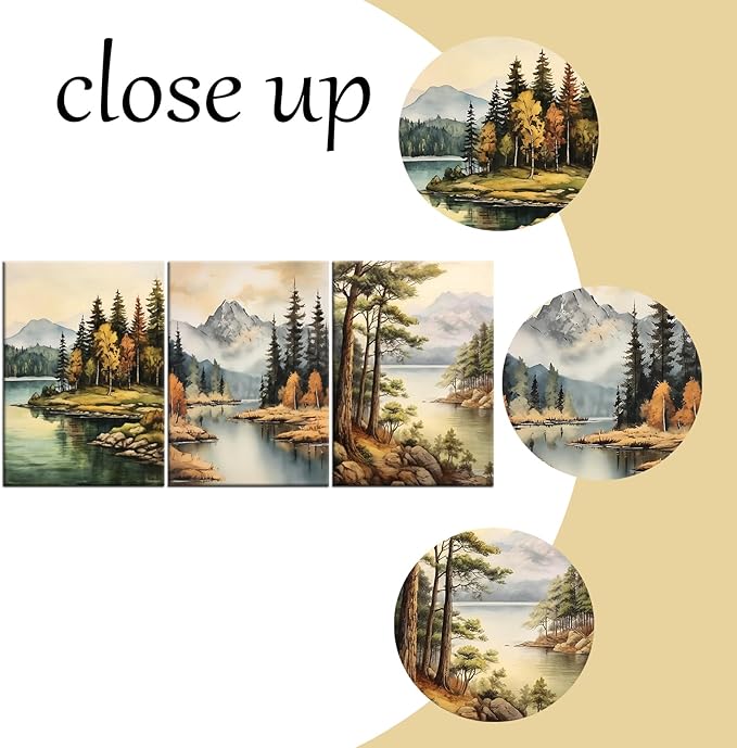 3 Pieces Forest Canvas Wall Art Home Decor Posters Print Mountain Trees Lake Beautiful Autumn Landscape HD Picture Painting Artwork for Living Room Hotel Workplace Stretched and Framed [60''Wx28''H]