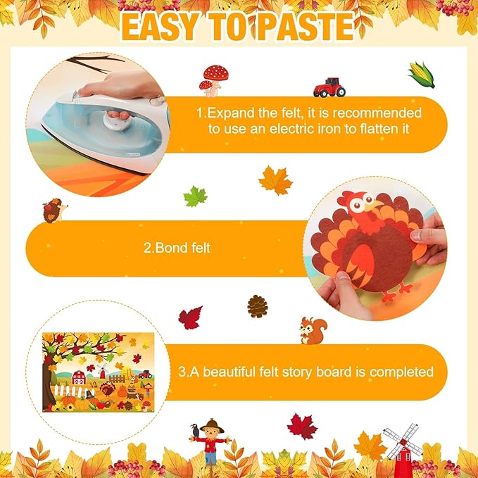 Fall Felt Story Board Set 3.4FT 55 Pcs Autumn Wall Activity Board Thanksgiving DIY Craft Wall Decor Pumpkin Turkey Flannel Storytelling Ornaments for Autumn Harvest Gift (55, Fall)