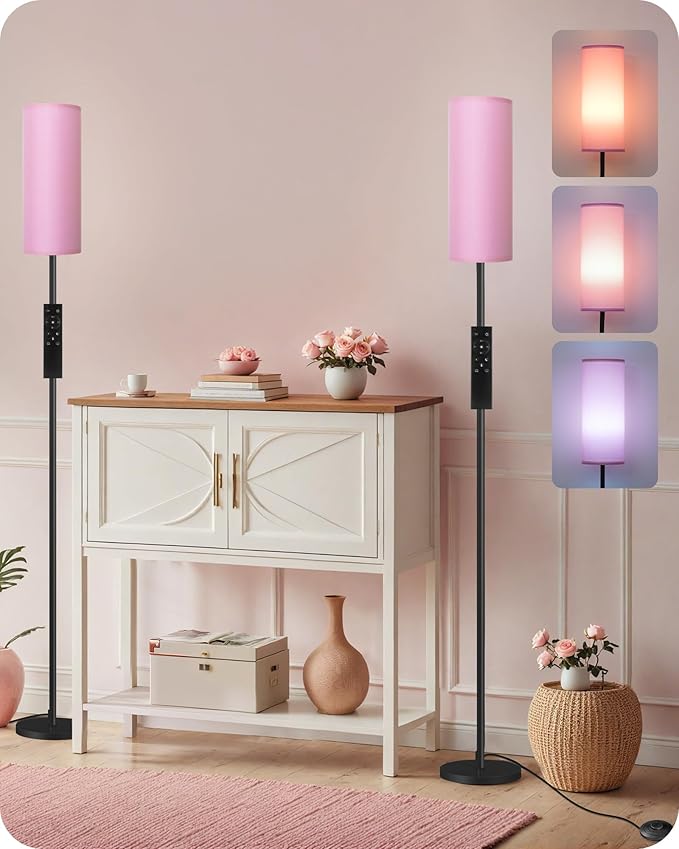 2 Pack Dimmable Pink Floor Lamps for Living Room with 2 Remotes and Foot Switch, Corner Floor Lamp, 64.4'' Standing Tall Lamp, 10W 900LM Bulb Included, 3000K-6500K, Linen Shade, FCC Listed P06LDP205W1