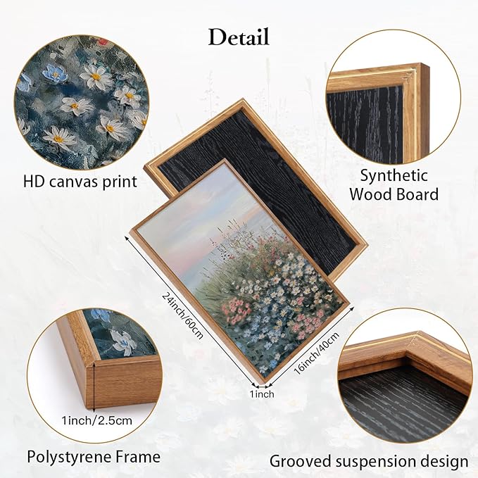 CHDITB Seaside Floral Framed Canvas Wall Art Set, Nature Inspired Ocean View Wall Decor, Sunrise Art Spiritual Wall Painting, Coastal Wildflowers Art Prints for Living Room, Office-Size 16"x24"x3