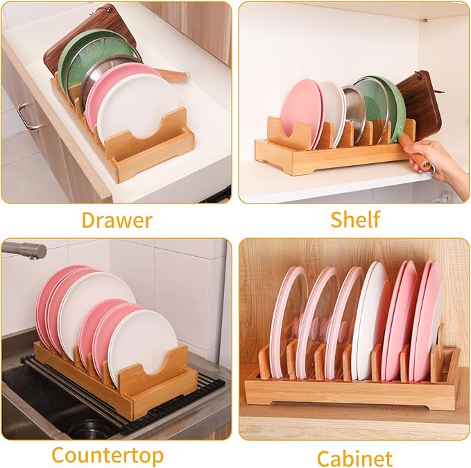 Bamboo kitchen storage rack - adjustable lid rack, suitable for cabinet storage, perfect for pots, pans, cutting boards, baking pans, plates, etc- Keep the kitchen clean and tidy
