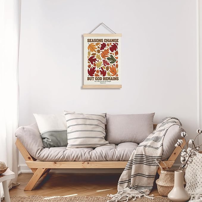 Supwhd Christian Fall Wall Art with Wooden Poster Hanger, Fall Wall Decor, Fall Posters, Farmhouse Autumn Harvest Thanksgiving Wall Art Decor, Fall Home Decor, Seasons Change God Remains 12x16