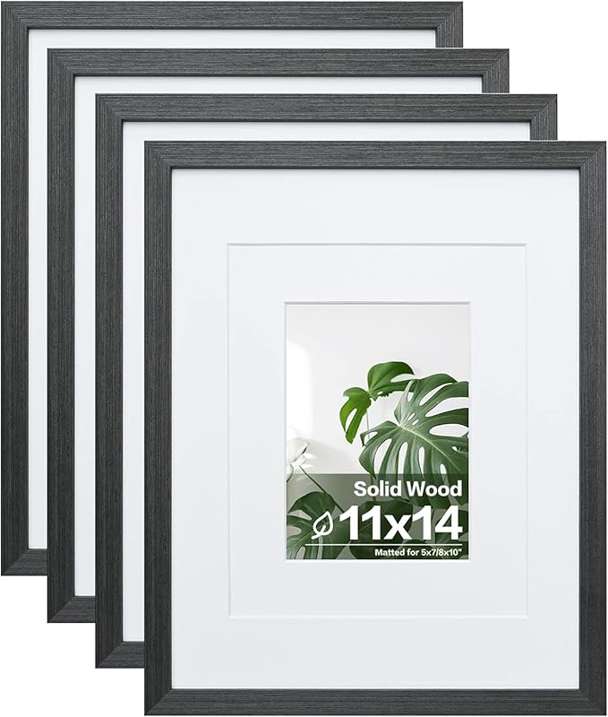 Egofine 11x14 Picture Frames Set of 4, Made of Solid Wood Covered by Plexiglass 5x7 and 8x10 with Mat or 11x14 without Mat, for Table Top Display and Wall Mounting Photo Frame Rustic Black