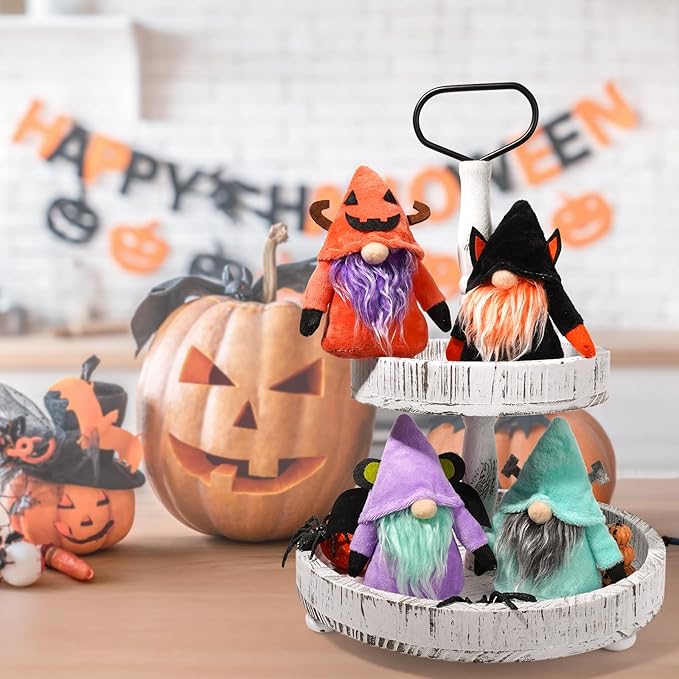 Halloween Gnomes Plush Set of 4, 6.2"x3.8" Soft Scandinavian Tomte Witch Gnome Decorations with Weighted Sand Bottom, Spooky Tiered Tray & Shelf Sitter Plush for Halloween Party Home Decor