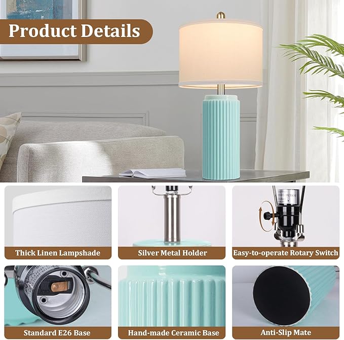 23.5’’ Light Green Coastal Table Lamps for Bedroom Set of 2, Modern Ceramic Nightstand Lamps for Living Room, Elegant Bedside Lamps with White Line Shade Set for Reading, Farmhouse Side Table Lamps