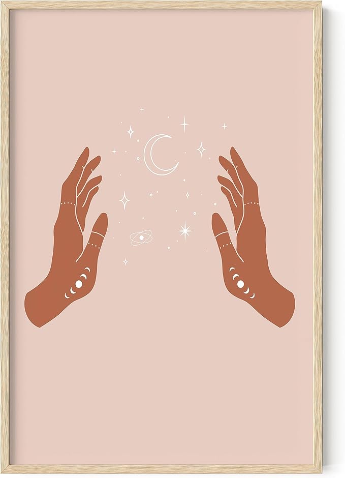 HAUS AND HUES Astrology Posters and Celestial Hands on Sides Decor - Room Decor and Spiritual Posters, Sun and Moon Wall Art Astrology Wall Décor (Beige Frame 24x36)