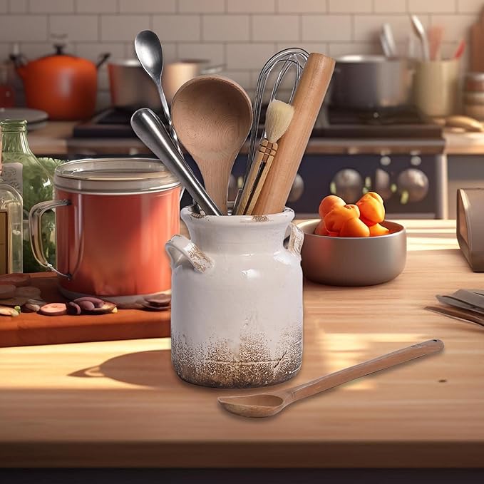 Quoowiit Ceramic Rustic Farmhouse Vase, Distressed Decorative Flower Vase for Home Decor, Ideal Shelf Decor, White Boho Vase for Living Room Bedroom Kitchen Office Decor Centerpiece Table Decorations