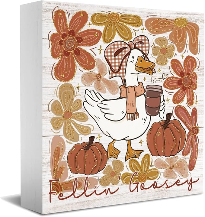 Feelin Goosey Fall Decorations for Home Office Funny Silly Goose Fall Decor, Autumn Pumpkin Goose Bow Decorations for House Gifts for Animals Lovers 5 x 5 inches (Tub 1701)