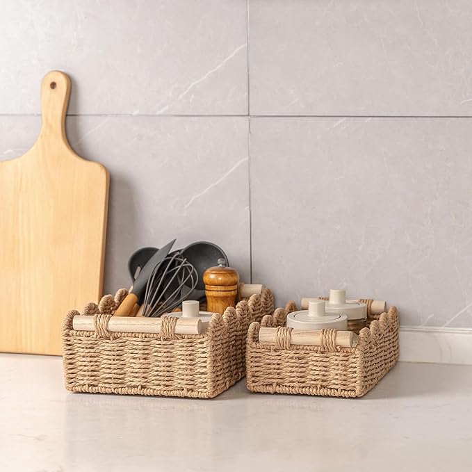 CubesLand Paper Rope Scalloped Edge Decor Baskets for Home, Living Room, Bedroom, Toilet Basket for Over Toilet Storage Shelf, End Table, Shelves and More, Both Storage&Decor, Set 2 Neutral