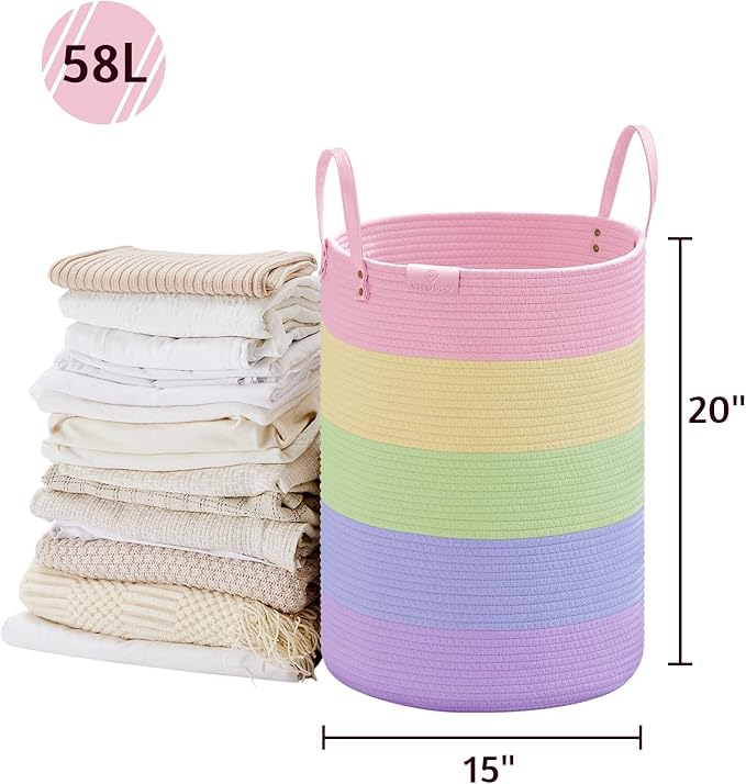 VIPOSCO Tall Laundry Basket, Large Dirty Clothes Hamper with Leather Handle, Woven Rope Storage Basket for Blanket, Toy In Living Room, Bathroom, Bedroom - 58L Rainbow