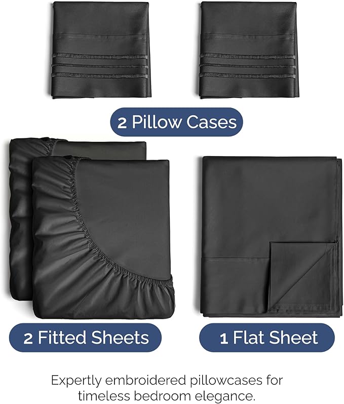 Split King Size 5 Piece Sheet Set - Comfy Breathable & Cooling Bed Sheets Set - Hotel Luxury Bedding for Women, Men, Kids, Teens, Boys & Girls - Deep Pockets, Soft and Wrinkle Free - Oeko-Tex - Black
