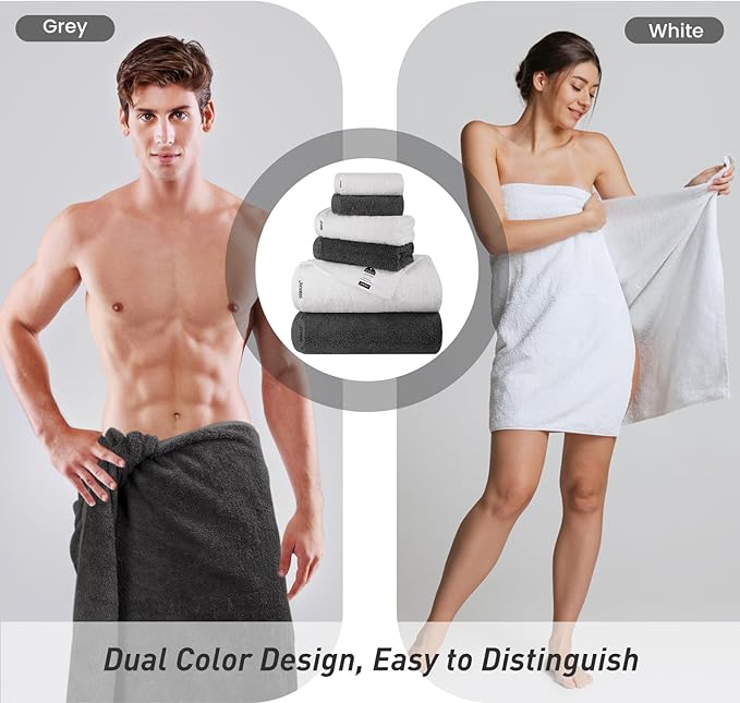 SEMAXE 12-Piece Mixed Color Towel Set (White, Grey) - 100% Cotton, Lightweight, Absorbent, Quick-Drying Bathroom Towel, Ideal for Couples and Gifts, Bath Towel, Hand Towel, and Washcloth Per Color