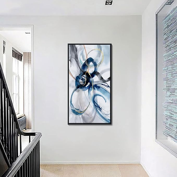 KLAKLA Large Wall Art for Living Room - Abstract Wall Decor Framed Picture Artwork for Wall Decorative Paintings Blue and White Modern Office Bedroom Art