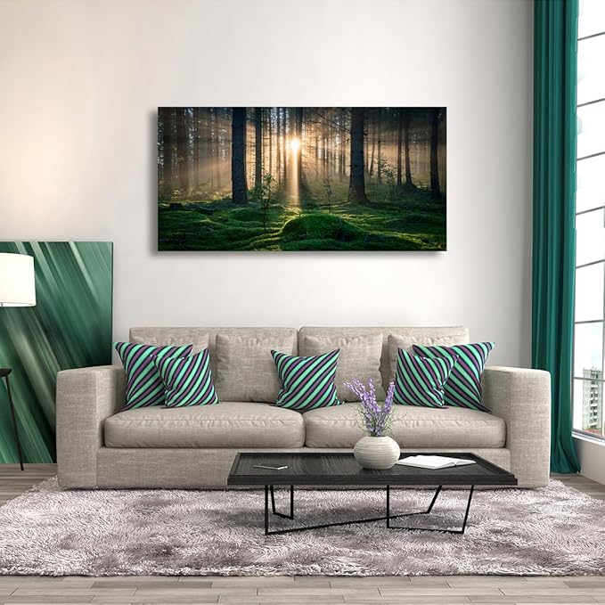 Sunrise Landscape Canvas Wall Art - 24x48 Inches - Tree and Forest Picture Artwork for Living Room and Bedroom Wall Decoration - Nature Painting Prints for a Serene Atmosphere