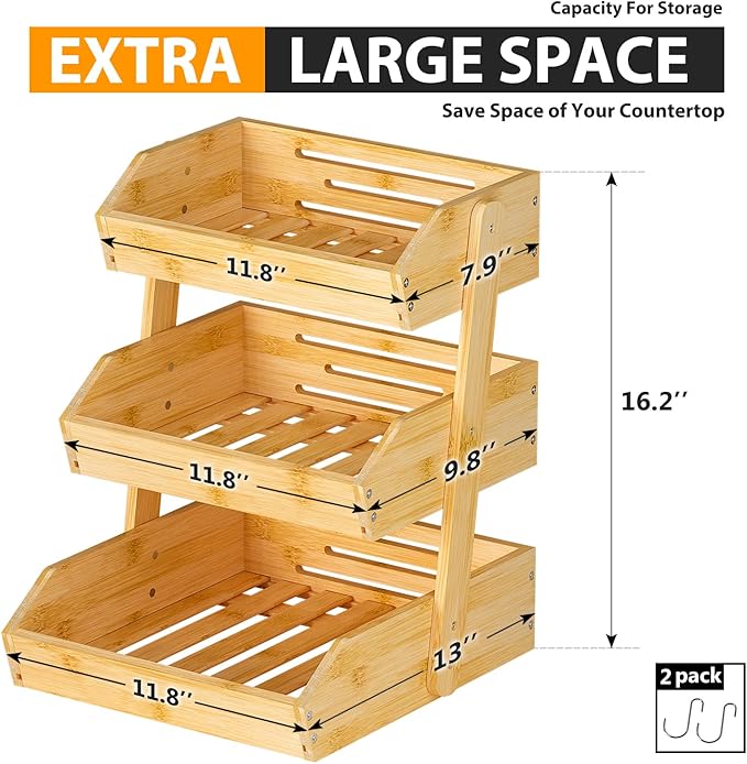 Bamboo Fruit Basket for Kitchen – 3 Tier Fruit Bowl For Kitchen Counter, Large Fruit Holder With 2 Banana Hangers, Idea For Fruit and Vegetable Storage, Bread Basket, Snack Organizer(Bamboo)