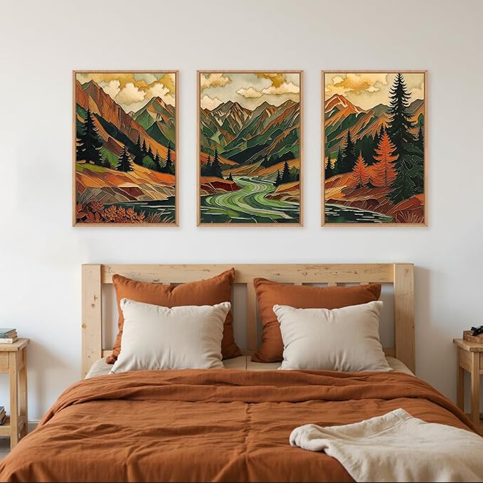 HPINUB Abstract Boho Mountain Framed Canvas Wall Art Set,Vibrant Forest Pine Tree Wall Decor,Textured Landscape Artwork Rustic Linear Scenery Art Print for Living Room,Bedroom,Office-24 x36 x3