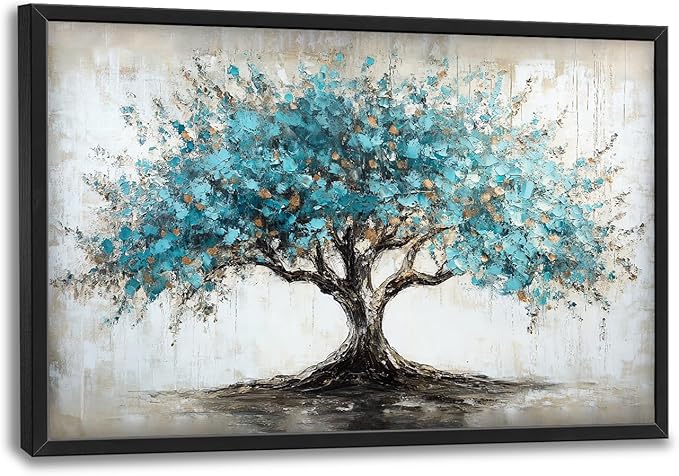 Flintis Large Tree of Life Framed Wall Art Teal Blue Tree Pictures Wall Decor Abstract Natural Landscape Canvas Painting Print Artworks Framed for Living Room Bathroom Master Bedroom 36L X 24W