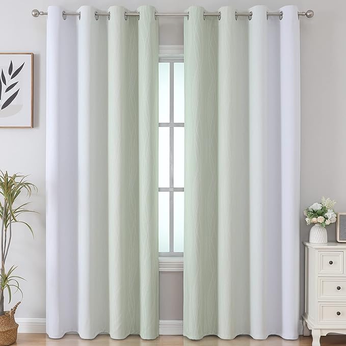 Estelar Textiler Sage Green and Greyish White Gradient Blackout Curtains for Bedroom, Thermal Insulated Ombre Blackout Drapes, Room Darkening Energy Saving Curtains for Living Room,52Wx84L,2 Panels