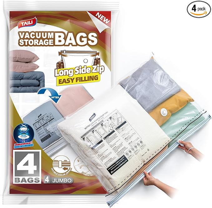 TAILI 4 Pack Vacuum Storage Bags, LONG SIDE ZIP (39x28 inch) Vacuum Seal Bags for Clothing, Jumbo Storage Space Saver for Beddings, Comforters, Blanket, Pillows and Clothes