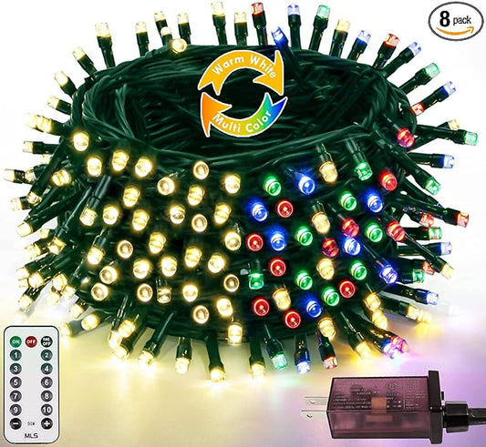 82FT 200 LED Color Changing Christmas String Lights with Remote & Timer & Memory Function, 8 Lighting Modes Waterproof Fairy String Lights for Xmas Tree Holiday Party Garden (Warm White & Multicolor)