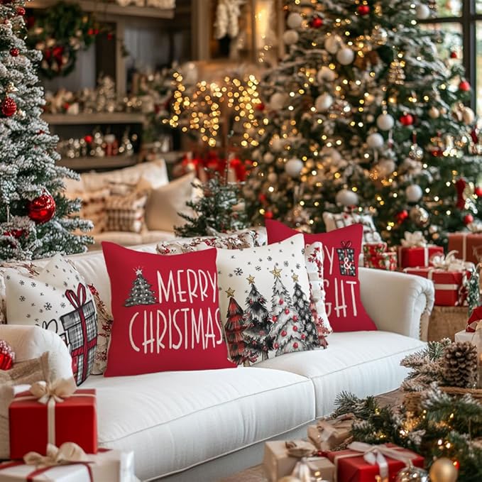 GEEORY Christmas Pillow Covers 18x18 Inch Set of 4, Snowflake Xmas Tree Present Merry Bright Holiday Decor Decorative Cushion Cases Winter Decoration for Home G401N-18