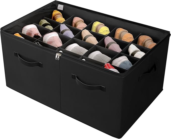 Shoe Organizer for Closet, Foldable Shoe Box with Adjustable Dividers and Clear Cover, Space Saving Shoe Storage Organizer Cabinet with Reinforced Handles, Fits 20 Pairs, Black, TP10B