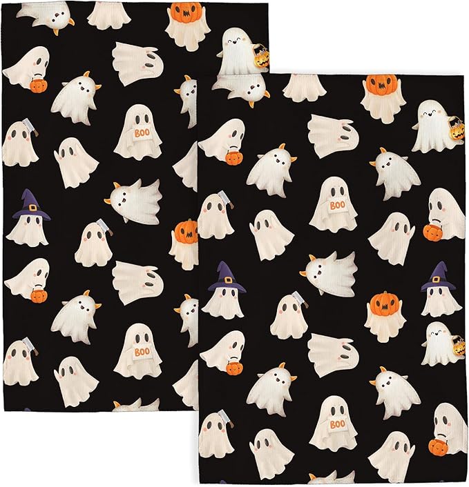 Halloween Kitchen Towels 16x24 Inch Black Cute Ghost Pumpkin Fall Decor Dish Towels Autumn Harvest Thanksgiving Decoration Hand Towel Absorbent Dish Cloths for Home Kitchen Dining Set of 2