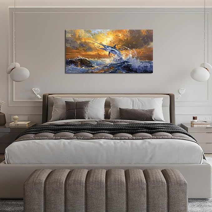 Mecowcm 30x60 inch Large Nautical Fish Wall Art Swordfish Pictures Wall Decor Abstract Ocean Marine Life Canvas Print Coastal Wave Painting Artwork Home Decorations for Living Room Bedroom Office