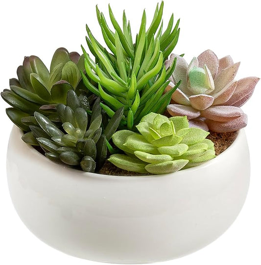 MyGift 6 Inch Round Modern Artificial Succulent Arrangement Potted in White Ceramic Plant Bowl, Assorted Faux Mini Succulents in a Decorative Planter Pot