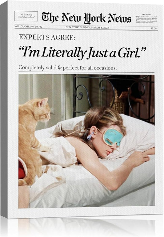 Trendy Newspaper Style Wall Art 12x16, Audrey Hepburn Magazine I'm Literally Just a Girl Canvas Wall Art Home Decor Aesthetic Prints Painting Retro Set of 1 for Bedroom Dorm Decor Ready to Hang