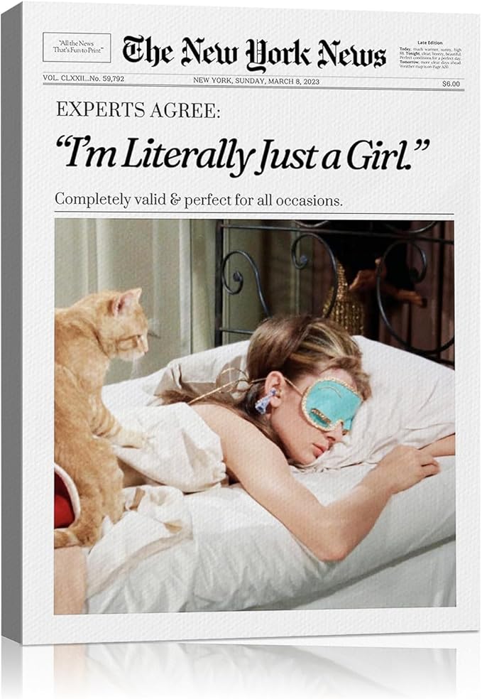Audrey Hepburn Canvas Wall Art 16x20 Fade-Resistant Trendy Newspaper Wall Art Canvas Print For Bedroom Living room UV-Resistant Anti-Curling I'm Literally Just a Girl Art Print Decor Ready to Hang
