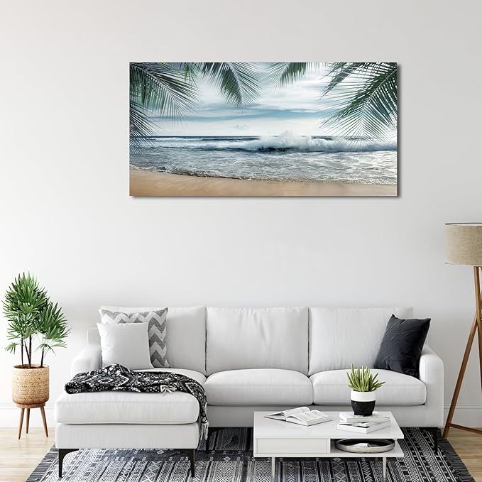 arteWOODS Tropical Beach Canvas Wall Art - Ocean Waves Pictures Coastal Oceanic Blue Sky and Sea Print Seaside Palm Tree Leaves Scene Painting Artwork Living Room Bedroom Office Home Decor 24" x 48"