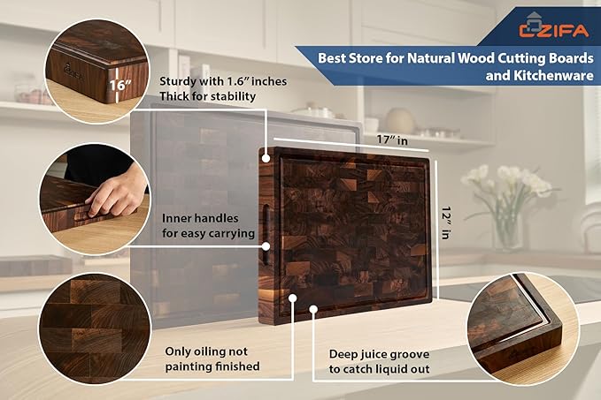 American Dark Walnut Wood Cutting Board 17"x12"x1.6" for Kitchen with Juice Groove, Inner Handles, Gift Box Packaging and End Grain Butcher Block Finished with Linseed Oil, Beeswax & Lemon Oil