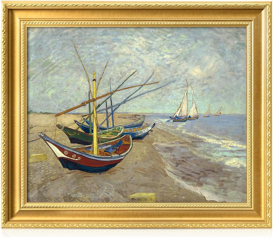 DECORARTS - Boats at Saintes Maries by Vincent Van Gogh. Giclee Print on Acid-Free Canvas in Gold Solid Wood Frame. Picture Size: 20x16, Total Size: 24.75x20.75, Made in USA