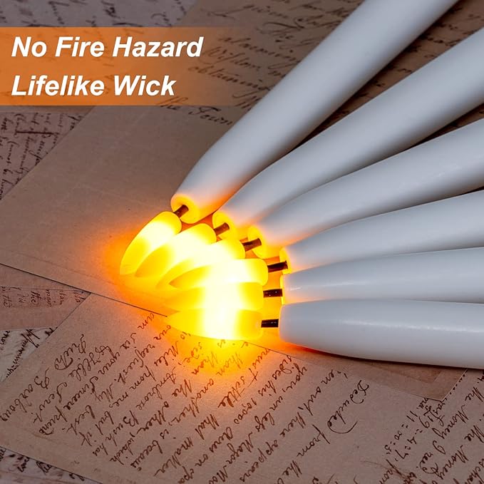 Homemory 11 inches Waxy Battery Operated Taper Candles with Remote Timer Dimmer, 6 Pcs Flameless Taper Candles with Flickering Flame, White Candlesticks Battery Powered for Ceremony Memorial Decor