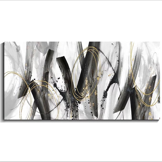 AJAZIKO Abstract Wall Art for Living Room - Large, Black and Gold Wall Art Decor, Office Pictures, Modern Artwork Paintings, Black and White Wall Decor - Ideal for Bedroom and Office Decorations