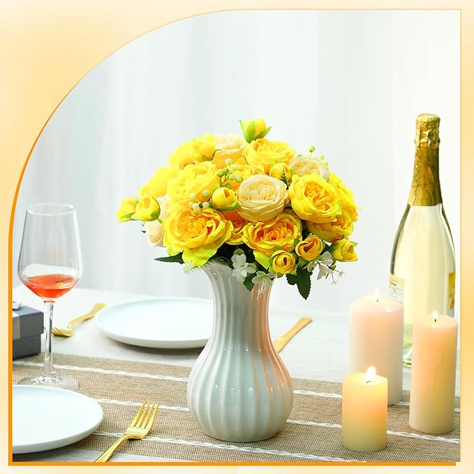 Geosar 8 Bundles Artificial Peonies Flowers Fake Silk Peony Bouquet Faux Peonies Flowers Bulk for Decoration Vase Florals Arrangements Wedding Party Table (Yellow,Champagne)