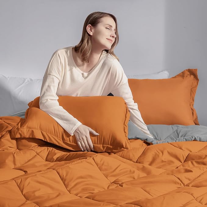 Beyond King Size Comforter - Burnt Orange Reversible Set for All Seasons, 104"x92" Comforter and 2 Pillow Shams (20"x36")