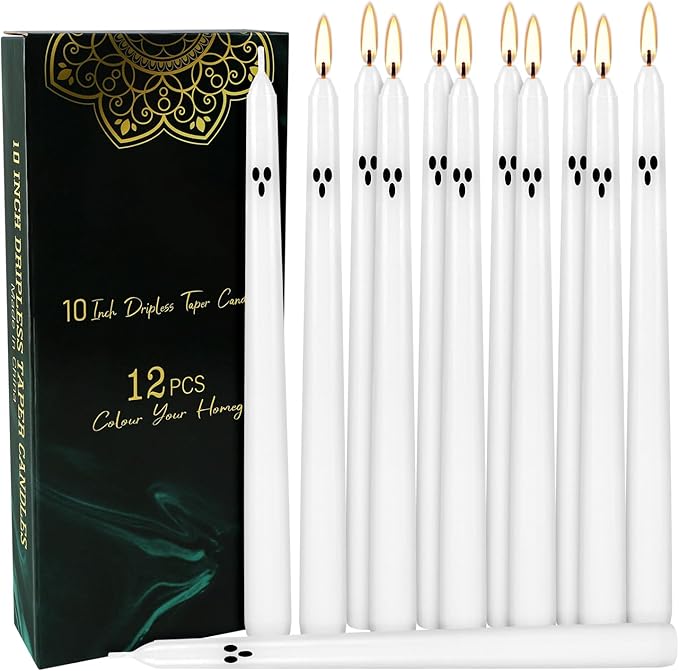 12 Pack Halloween Taper Candles - 10 Inch White Ghost Face Smokeless Candles, Long-Lasting 7+ Hour Burn, Premium Wax for Spooky Decor & Parties