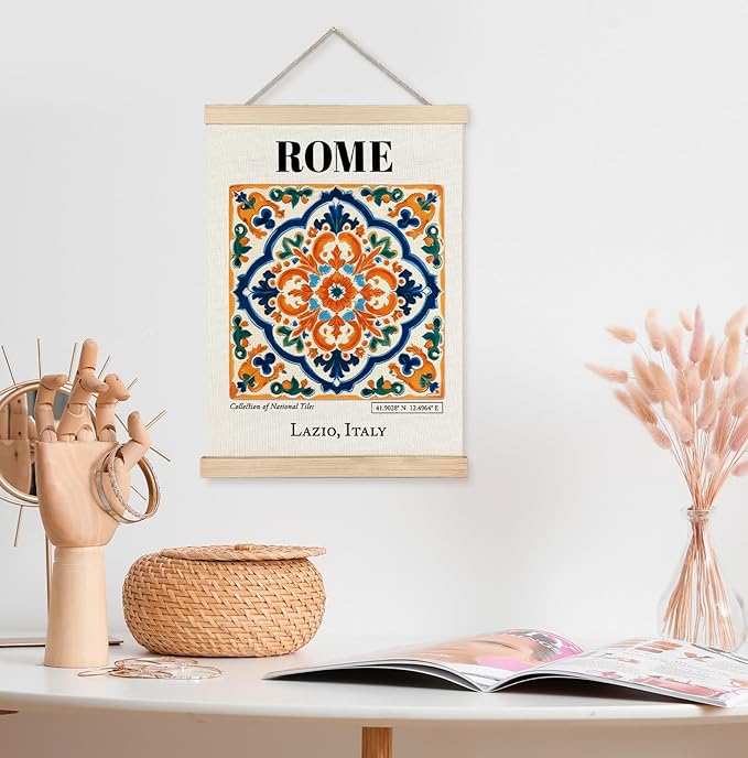 Yomisex Rome Lazio Italy Tile Wall Art Poster, Traditional Roman Tiles Exquisite Porcelain Aesthetic Canvas Prints Wall Art Framed for Home Bedroom Living Room Decor, 12x16 Inch