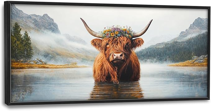Framed Large Wall Art for Living Room, Highland Cow Canvas Wall Decor, Large Mountain Animal Pictures Framed Painting, Natural Landscape Artwork for Bedroom Office Home Decor 60L'' × 30W''