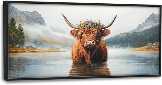 Framed Large Wall Art for Living Room, Highland Cow Canvas Wall Decor, Large Mountain Animal Pictures Framed Painting, Natural Landscape Artwork for Bedroom Office Home Decor 60L'' × 30W''