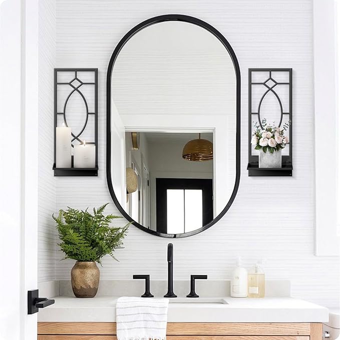 Candle Wall Sconces Set of 2, Black Metal Minimalism Wall Candle Holder for Living Room, Dining Room, Bedroom, Bathroom (2 Pack, 16.5 x 7 in)