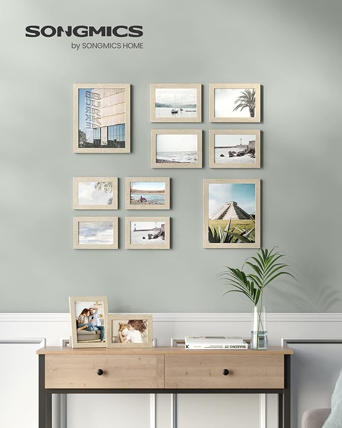 SONGMICS Picture Frames, Collage Picture Frames Set of 10, Two 8x10, Four 5x7, Four 4x6, Photo Frame for Wall Gallery Decor, Table Display, Glass, Natural Beige URPF010N01
