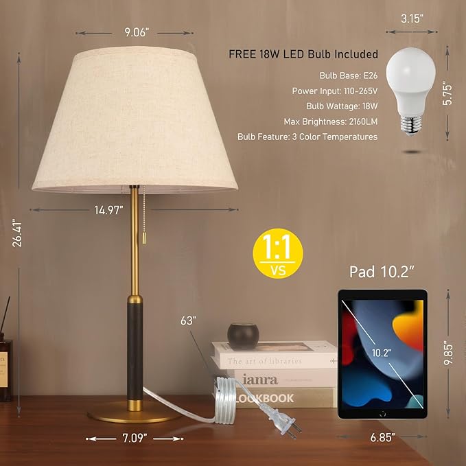 26.4" Living Room Modern Table Lamp Bedside Lamps for Bedroom 3-Color Temperatures Pull Chain Switch Nightstand Lamp for End Tables Wood Fabric for Home/Office/Desk Decor (Light Brown+Brass)