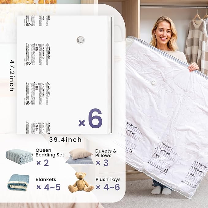 TAILI 6 Pack Vacuum Storage Bags for Comforter and Blankets, XXL Jumbo Vacuum Seal Bags for Bedding (47x39 Inch), Huge Space for Toy, Bedding, Pillows, Save More Closet Space
