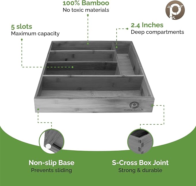 5-Slot Drawer Organizer - Kitchen and Utensil Organizer - Cutlery Tray - Flatware and Silverware Holder - Gray