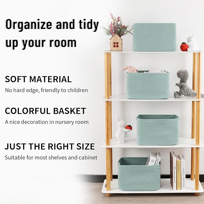 4 Pack Storage Baskets for Organizing Toys, Towels, and Clothes, Woven Basket for Shelves, Sturdy Nursery Cube Bins for Storage, 13''L x9''W x7.8''H, Frosty Green